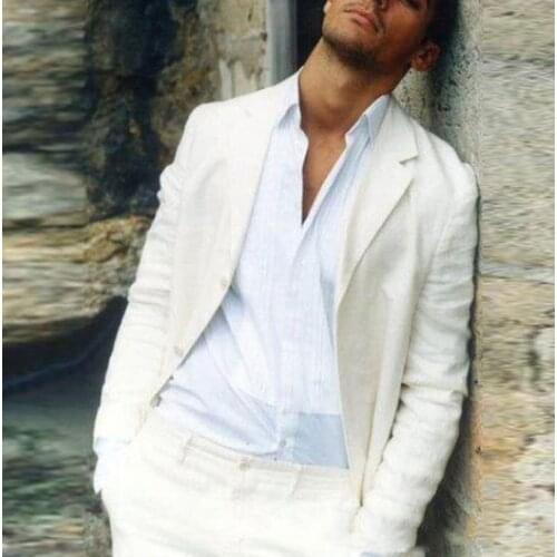 High Quality Ivory Linen Men Suits For Wedding Blazer Slim Fit Groom Prom Custom Made Tuxedos Terno Masculino 2 Pieces