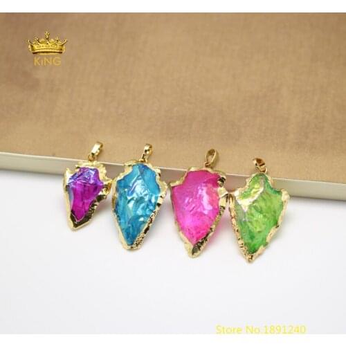 5pcs Natural Quartz Mystic Titanium Stones Arrow Pendants,Gold Color Copper Plated Edged Rough Crystals Charms Necklace Findings