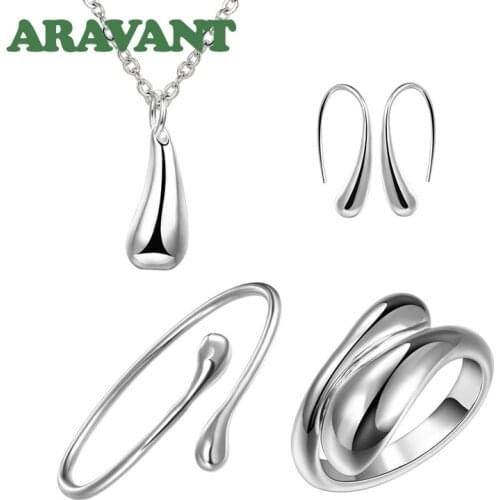 925 Silver Small Water Drop Necklace Bracelet&Bangle Ring Earring Set For Women Wedding Jewelry Wholesale