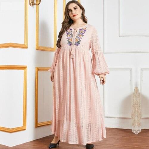 Abaya Morocco Oversized Size Womens Long-sleeved Pink Fashion Lace Round Neck Casual Skirt Long Woman Clothes Muslim Gown