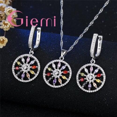 Big Round Pendant Fashion Hollow Design Colorful Crystal Necklace Earrings Jewelry Sets Silver Color Women Gifts Bijoux
