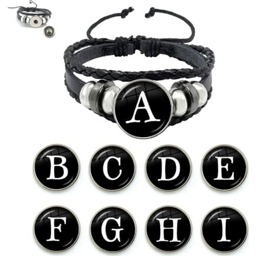 26 Letter Bracelet Personality Team Name Rope Bracelet Black Button Leather Glass Bracelet Male Female Fashion Accessories Gift