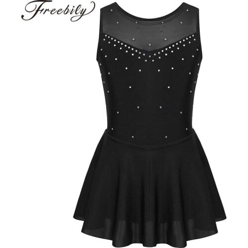 Kids Teens Sparkly Rhinestone Tulle Sleeveless Figure Skating Dress Ballet Dance Costume Gymnastics Leotard Girls Dance Wear