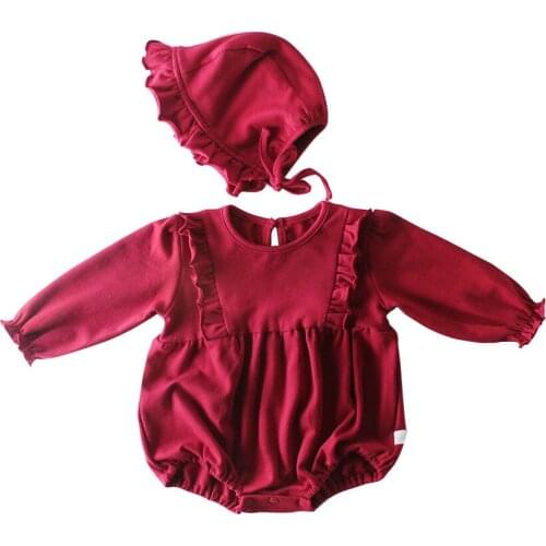 0-24M New Born Infant Baby Girl Clothes Red Rompers with Hat 100%Cotton Ruffle Sleeve Onesie Birthday Christmas Gift