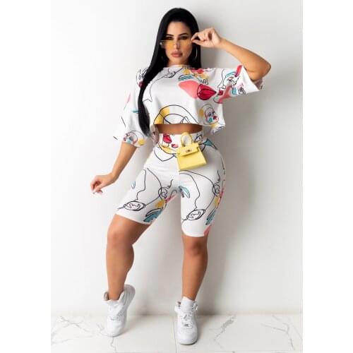 Fashion Trendy Casual Womens Clothing, Outdoor Home Round Neck Print Short Sleeve Shorts Spring And Summer Two-Piece Suit