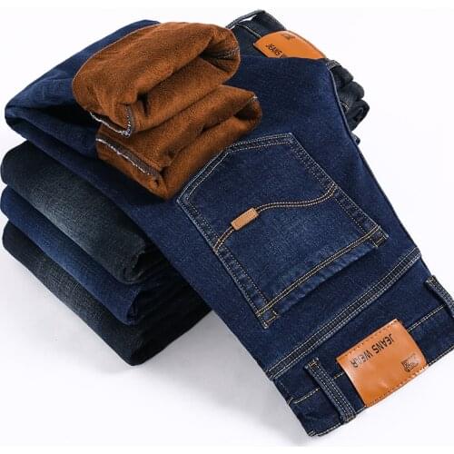 2020 Winter New Men Warm blue Jeans High Quality Elasticity Thicken Straight Plus Velvet Denim Pants Trousers Male Brand Clothes