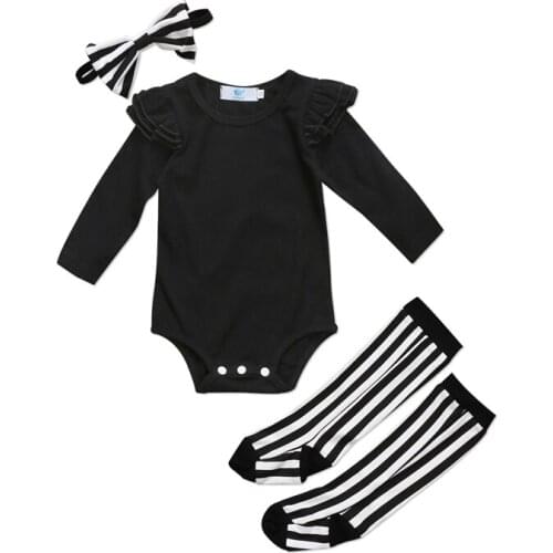 New Casual Toddler Baby Girl Clothes Long Sleeve Top Romper + Striped Socks + Headband 3pcs Outfits Set