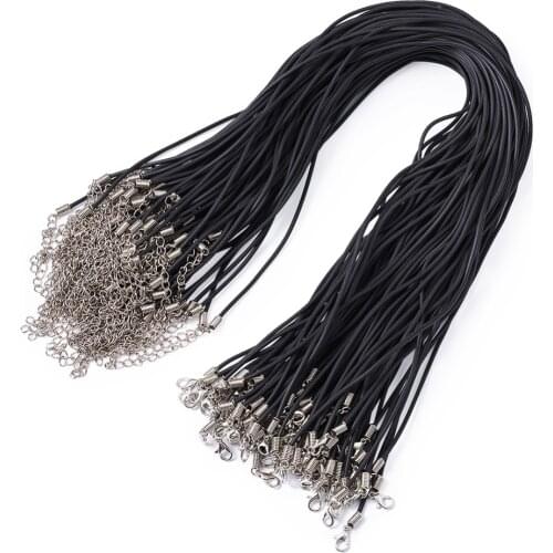 100pcs 16" 2mm Jewelry Necklace Black Cord Thread PVC Cord Jewelry Findings Color Iron Clasp and Adjustable Chain