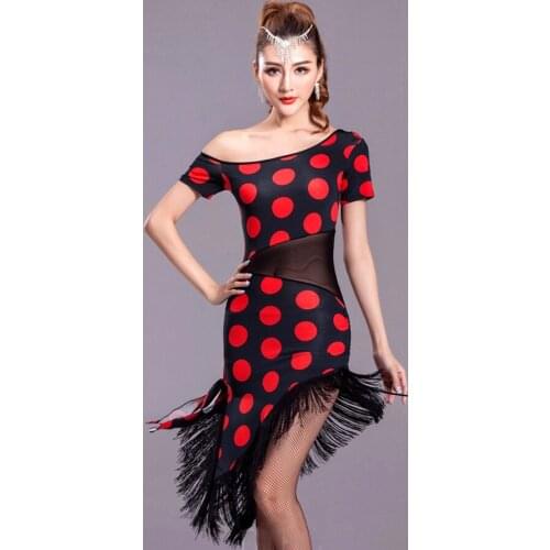 Latin Dance Competition Dresses Tassel&Red/White Dot Cha Cha/Rumba/Samba/Ballroom Dance Wear Womens Sexy Salsa Dresses JDQ3042
