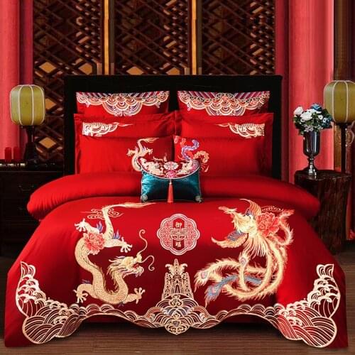 Luxury Red Princess Chinese Wedding Style 100% Cotton Bedding Set Jacquard Embroidery Duvet Cover Bed Sheet Bedspread Pillowcase