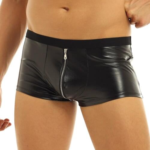 Sexy Mens Wetlook Leather Lingerie Low Rise Zipper Bulge Pouch Boxer Shorts Gay Male Club Erotic Pole Dance Mini Short Underwear