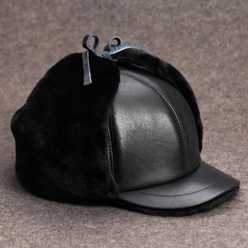 XdanqinX Winter Men Genuine Leather Cap Thick Velvet Bomber Hats Sheepskin Leather Hat Mens Warm Earmuff Caps Old Men Dads Hat