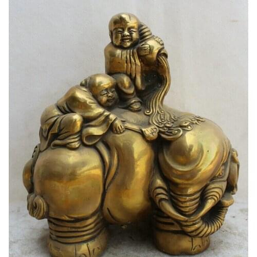 USPS to USA S1876 11 Chinese Brass Feng Shui wealth Fu Shou longevity Two peach sculpture Statue
