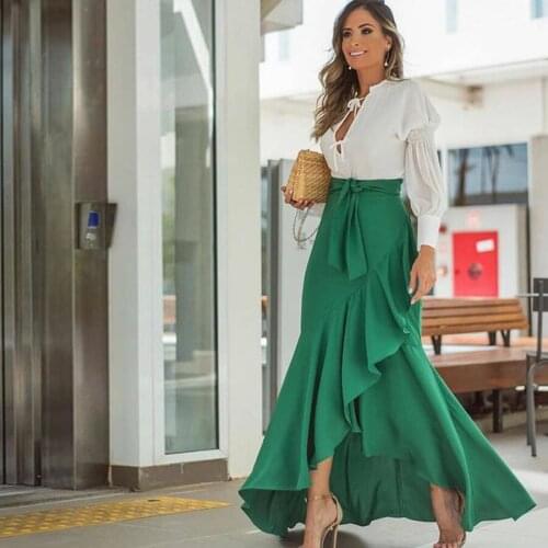 High Street Modest Green High Low Long Satin Skirts Women Ruffles Mermaid Sash Skirt Zipper Sexy Female Skirt 2020