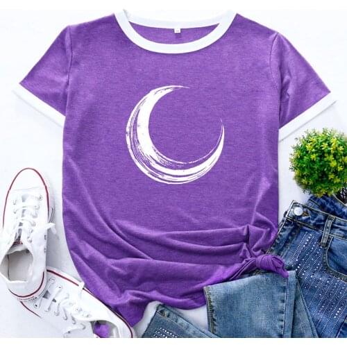 Lady Moon Printed T-Shirts Tops O-neck Casual Patchwork Women Tops Tunics Shirts Summer Graphic Korean Style Funny Tee 2021