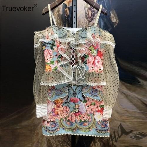 Truevoker Spring Runway Fashion Sets Ladies Sexy Off Shoulder Angle Print Ruffles Tops + Skirt Womens Two Pieces Sets Suits