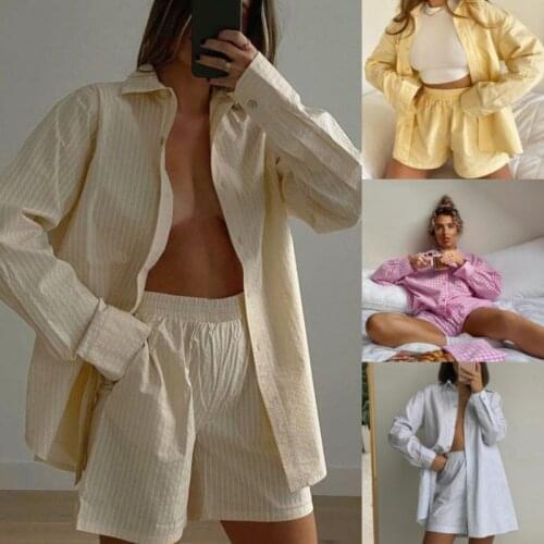 Womens Fashion Overalls 2021 New Long Sleeve Casual Striped Shirts+Shorts Two Pieces Set Stylish Outfits Sportwear Tracksuit