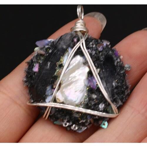 2021Hot Natural Semi-precious Stone Round Black Crystal Bud Wrapped Silver Thread Pearl Pendant Making DIY Necklace Jewelry Gift