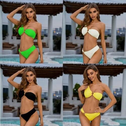 2021 One Shoulder Swimwear Women Two Piece Sexy Solid Bathing Suit Low Waist Triangle Bikini Set Female Swimsuit Thong Beachwear