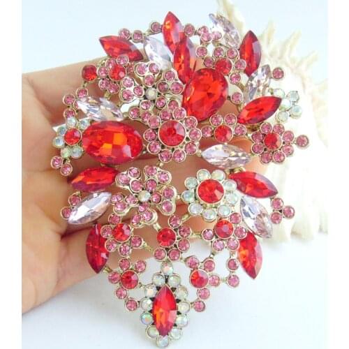 4 Inch Pink Red Rhinestone Crystal Flower Brooch Pin Pendant EE03905C10
