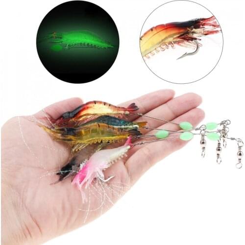 5pcs/lot 9cm 5.2g Luminous Shrimp Lure Soft Fishing Bait 5 Colors Mixed Artificial Baits with Fishing Hooks and Beads