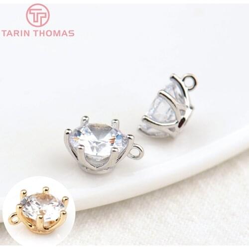 4PCS 7MM 24K Champagne Gold Color Brass with Zircon Round Zircon Charms Pendants High Quality Jewelry Accessories