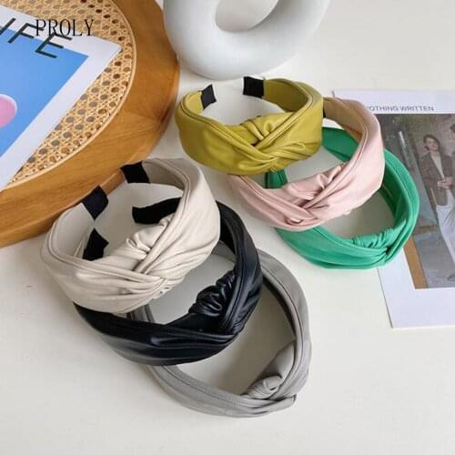 PROLY New Fashion Adult Hair Accessories PU Leather Headband Wide Side Hairband Center Knot Casual Turban Women