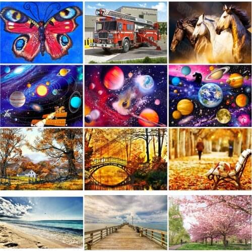 Diy Diamond Painting Red Fires Truck Fantasy Starry Sky Interstellar Galaxies Beautiful Natural Scenery Autumn Leaves Mural