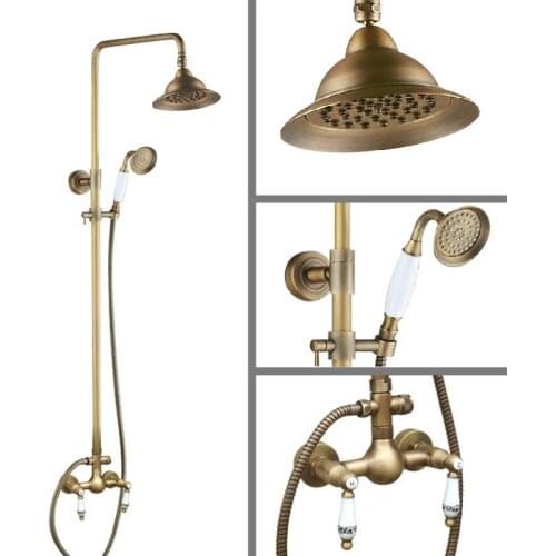 Antique Brass Wall Mounted Bathroom Rain Shower Faucet Shower Head Set Mixer Tap Dual Ceramic Handles Levers man110