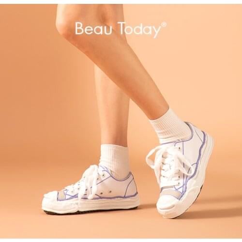 BeauToday Casual Sneakers Platform Women Cow leather Color Line Lace Up Sewing Detail Dissolve Sole Ladies Shoes Handmade 29219