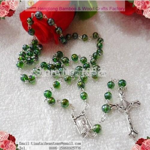 Free shipping beautiful 6mm AB coated Green color glass round bead rosary necklace silver chain rosary religious rosario