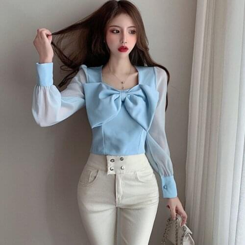 Blouses Women Solid Lantern Sleeve Shirts Bow Sweet Girl 2021 Spring Autumn Popular Simple Fashion Style Square Neck Shirts