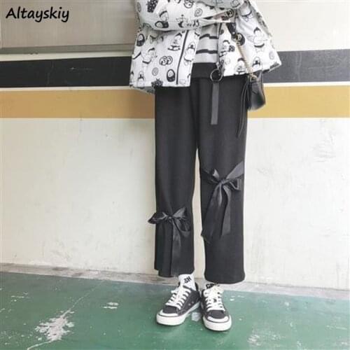 Casual Pants Women Trousers Harajuku Bow Design Elastic Solid Summer Straight Ins Streetwear All-match High Waisted Trendy Teens