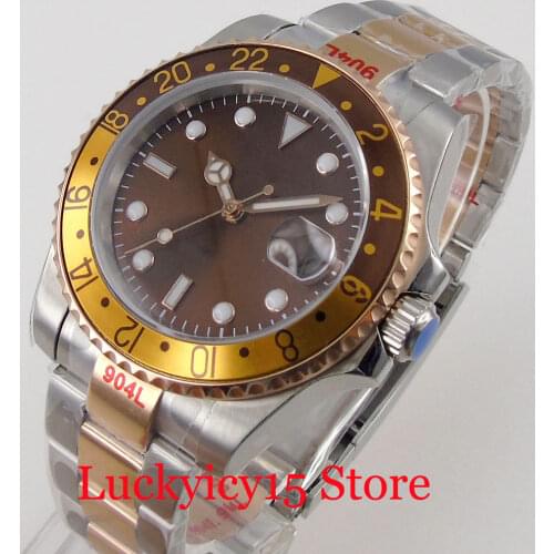 BLIGER Brand MIYOTA 8215 Two Tone Rose Gold Selfwinding Wristwatch Men Alloy Insert Brushed Oyster Bracelet Coffee Sunburst Dial