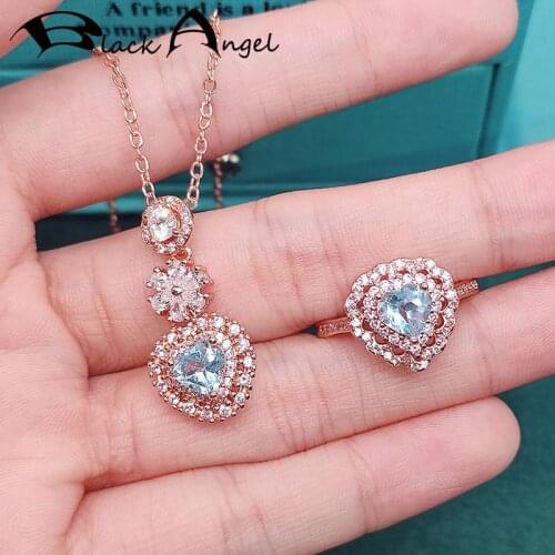 BLACK ANGEL Imitation Sky Blue Topaz Love Heart Jewelry Set Ocean Heart Necklace For Women Gemstone Silver Ring Wedding Gifts