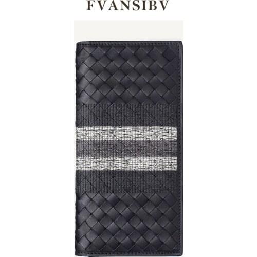 Woven Embroidered Genuine Leather Mens Long Wallet Luxury Brand Design 100% Cowhide Clutch Business Suit Money Clips 2021 New