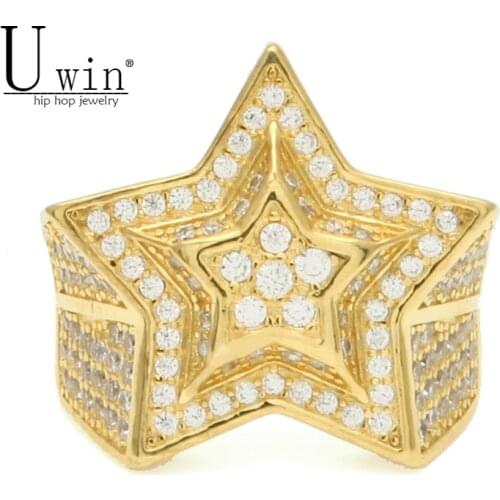 UWIN Iced Mens Hip Hop Zircon Ring Gold color Color Hip hop Style Copper Bling AAA CZ Star Rings Women Fashion Punk Jewelry