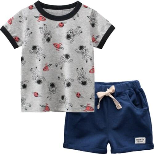 BINIDUCKLING New Child Boys Summer Clothing Set Printed Pure Cotton T-Shirt Shorts Toddler Outfits 2 TO 7 Years Kids Clothes