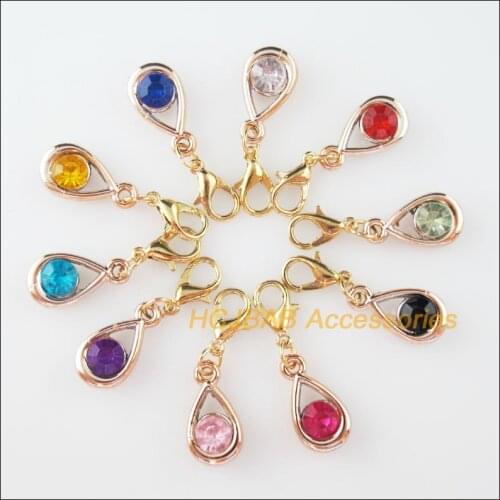 Fashion 10 New Teardrop Charms With Lobster Claw Clasps KC Gold Color Retro Mixed Crystal 9.5x17.5mm