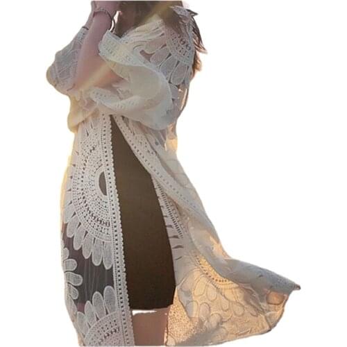 Cover Ups For Swimwear Women Lace Embroidered Sun Protection Beach Cardigan Sexy Long Sleeve Summer Beach Cover-Ups White Black