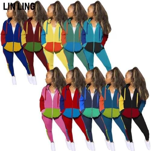 LINLING Hooded Collar Solid Full Sleeve Zippered Pocket Stitched Top with Leggings Casual Commuter Suit