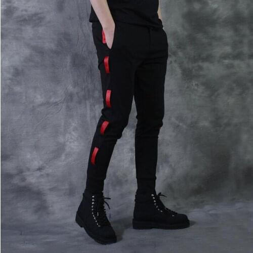 Personalized small red ribbon beam harlan pants mens slim men casual feet pants male trousers fashion spring pantalon homme