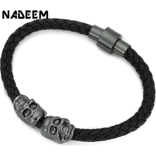 Drop Shipping Fashion Magnet Punk Design Leather Chain Bracelet Two Skull Charm Bracelet Bangles Jewelry For Men Women Gift