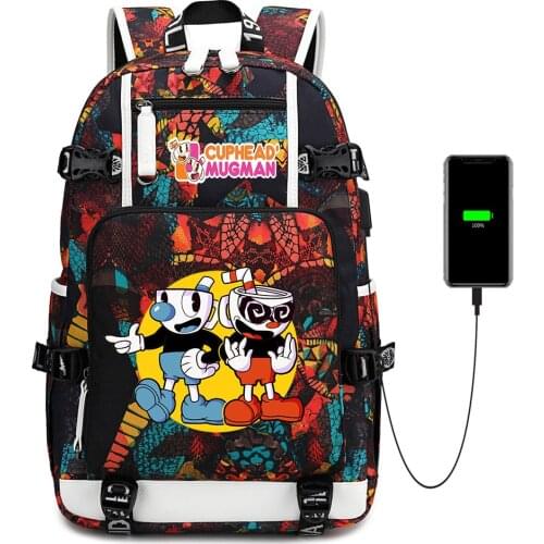 Anime Cuphead Backpack Zip USB Charging Oxford Mochila School Bag Casual Shoulder Bag Student Laptop Bag Travel Bag Rucksack