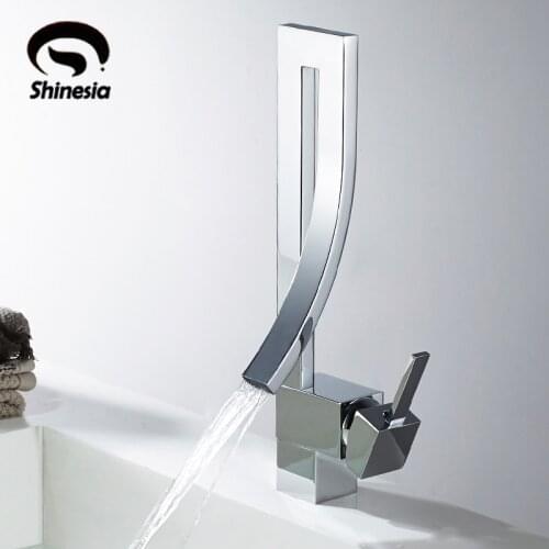 Shinesia Bathroom Basin Faucet Chrome Nordic Hot and Cold Water Mixer Tap Deck Mounted Brass Square Tall Sink Crane