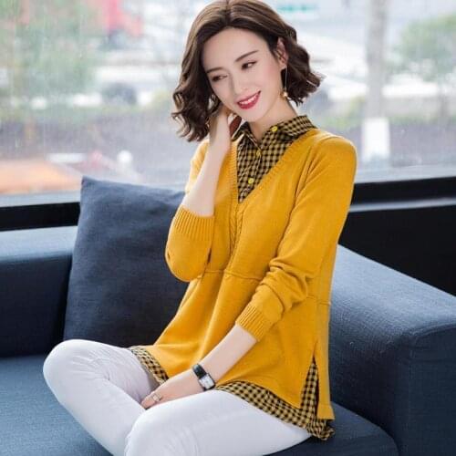 Spring Autumn Style Knitted Sweater Pullover Lady Casual Turn-down Collar Long Sleeve Knitted Pullover ZZ1054