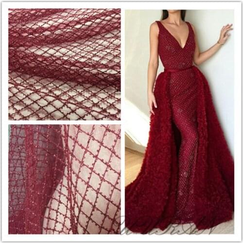 Wine red african lace fabrics for dress white embroidery beads bridal lace with pearls french tulle net lace mesh fabric