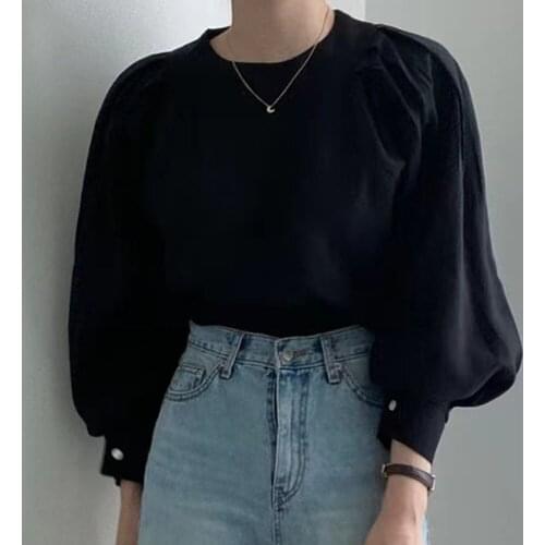 Blouse 2021 Autumn New Korean Version French Simple Round Neck Puff Sleeve Shirt Temperament Casual Solid Color Top Fashion