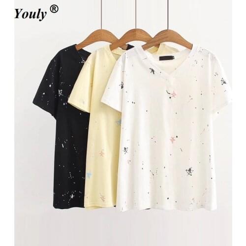 Plus Large Size 4XL Casual Loose White V Neck T-shirt Top Women Summer Cotton Printed Short Sleeve Black Big Tees Simple style