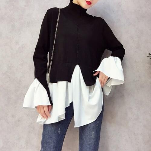2021 Autumn Patchwork Pullovers Knitted Sweater For Women Turtleneck Flare Sleeve Lrregular Female Jumper Sweaters Woman Clothes